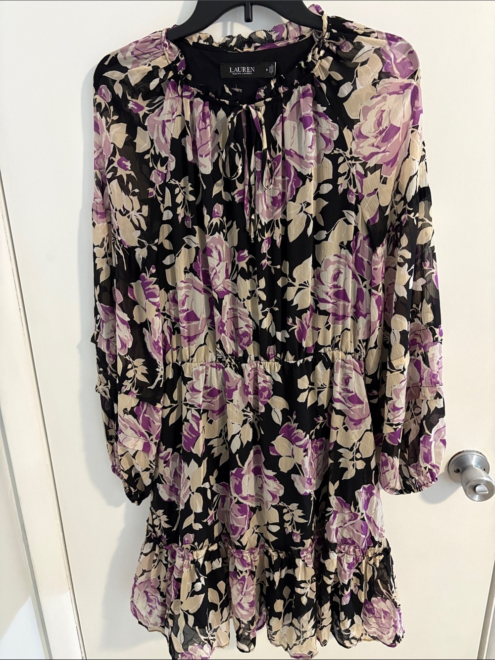 Lauren Ralph Lauren Black Label Black Floral Tie-Neck Dress in Purple and Cream